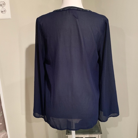 Alya Navy Blue Bell Sleeve Sheer Beaded Blouse - Picture 3 of 7